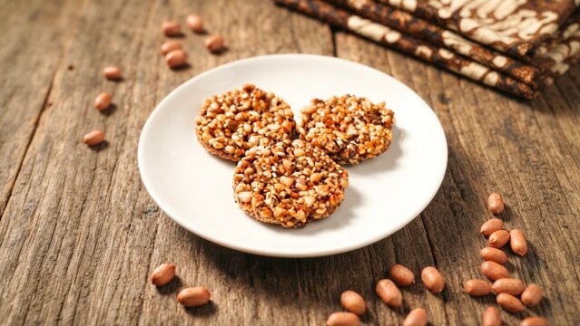Authentic Indonesian sweet peanut candy enting enting ampyang served on ceramic plate with raw peanuts scattered on rustic wooden table background, traditional java snack dessert culinary concept