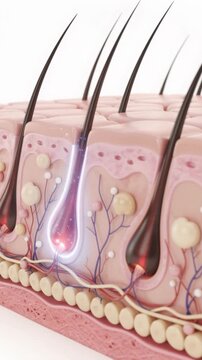 3D illustration of laser hair removal treatment targeting hair follicles under the skin for smooth skin