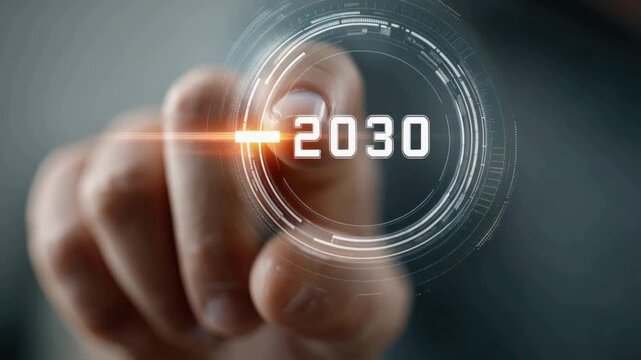 A close-up shot of a person's finger touching a digital interface displaying the year 2030, symbolizing future technology and planning. ..Created with Generative AI, not depicting real subjects.