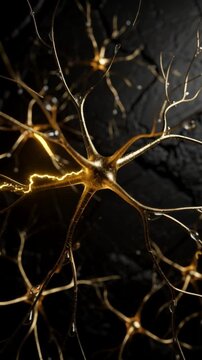 Close up view of glowing golden neurons with electric impulses in dark background for brain and nervous system concept