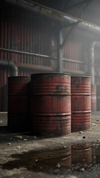 Rusty industrial barrels in abandoned warehouse with grungy metal pipes and old concrete floor