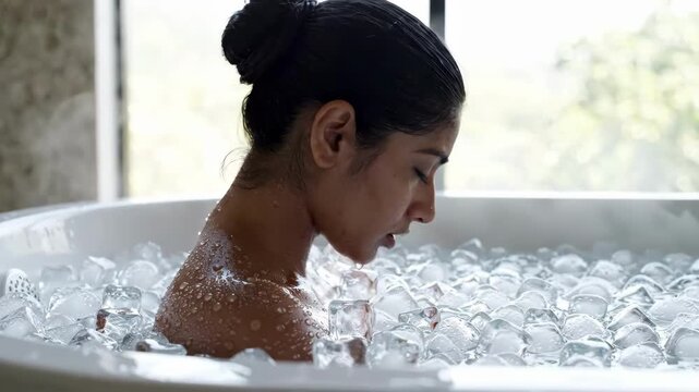 Woman practices cryotherapy in ice bath, resting in tub packed with ice. Her steady posture and intent expression suggest controlled discomfort during cold water recovery treatment.
