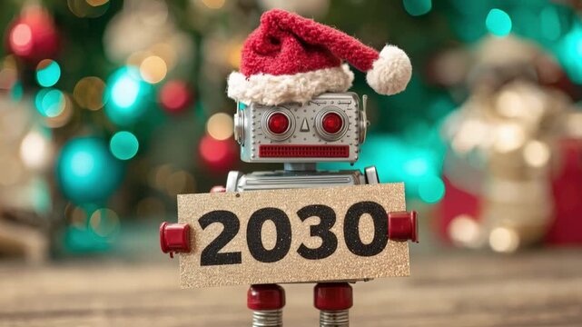 A vintage robot, adorned with a festive Santa hat. ..Created with Generative AI, not depicting real subjects.