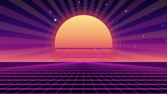 Retro 80s Synthwave Sun and Grid Landscape Background