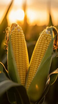 Fresh ripe corn cobs in green husks glowing under warm sunset light in a farm field