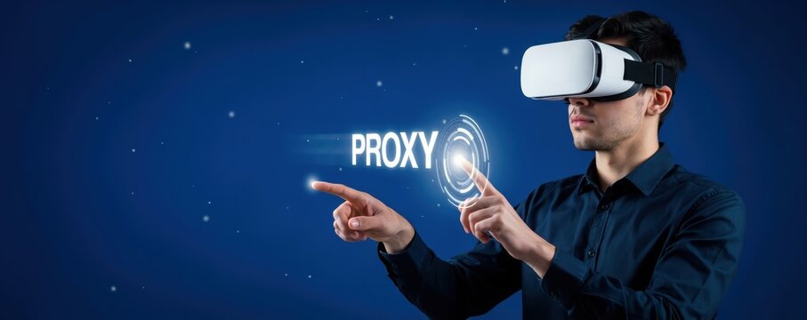 Virtual reality proxy server concept. Man wearing VR headset interacting with futuristic technology interface