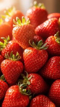 Fresh ripe strawberries close up with natural sunlight highlighting vibrant red color and green leaves