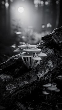 Close up of wild mushrooms growing on forest tree trunk in serene natural environment with soft sunlight