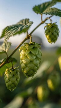 Close up of fresh green hop cones growing on a vine with natural outdoor background in soft light