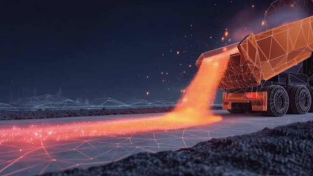 A heavy-duty dump truck digitally rendered with glowing orange lines discharges a fiery orange substance onto a dark, rough terrain. ..Created with Generative AI, not depicting real subjects.