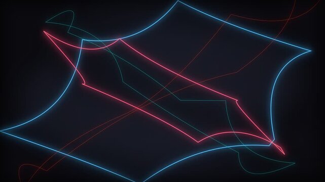 Neon light abstract background with glowing blue and red laser lines shaping futuristic geometric patterns in the dark