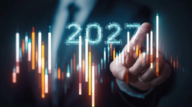 A businessman touches a digital screen displaying the year 2027, overlaid with a dynamic stock market graph. ..Created with Generative AI, not depicting real subjects.
