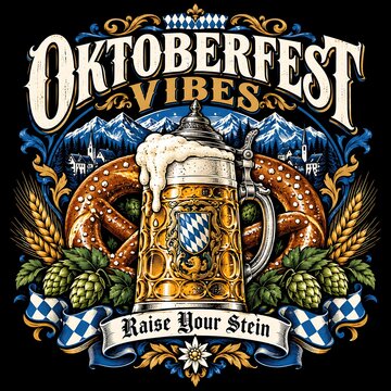 Oktoberfest Vibes vintage beer illustration, traditional German beer stein with pretzel and hops, Bavarian festival graphic with mountain landscape