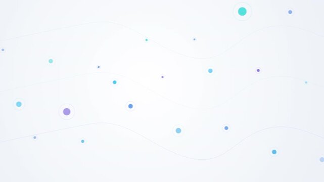 Abstract network motion graphic with connecting dots and lines, light blue and purple hues on a clean background, data flow animation