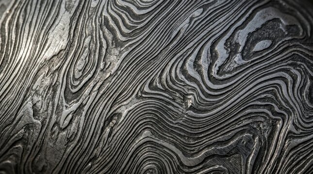 Damascus steel surface with intricate wavy patterns and metallic texture