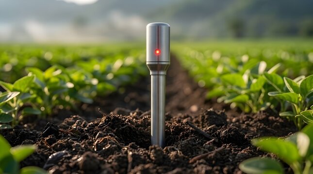 Stainless steel smart soil probe inserted vertically into agricultural field for precision soil data analytics