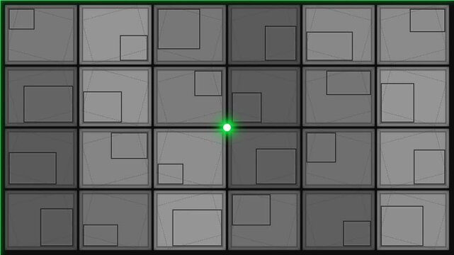 Abstract geometric pattern featuring a grid of gray squares with glowing green light dot in center digital art background