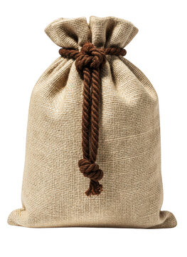 Burlap sack made of natural woven jute fabric with a thick brown rope drawstring tied in a knot, isolated on a clean white background, for use isolated on a transparent background