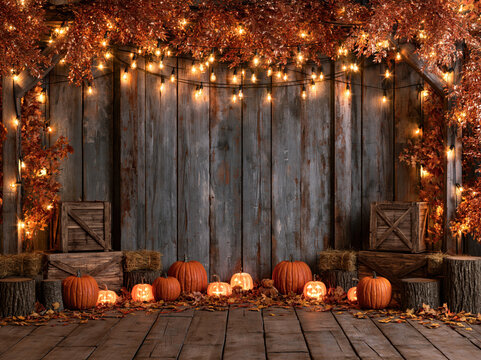 Rustic autumn barn backdrop pumpkin Halloween pumpkin decoration rustic fall leaves wood plank background string light warm glow carved jack o lantern display hay bale crate decor seasonal harvest