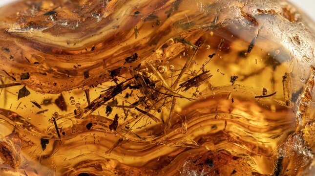 Macro close up of natural translucent amber resin with organic inclusions