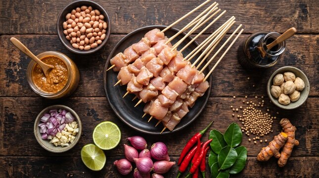 Raw chicken satay skewers with peanut sauce ingredients on dark wooden background.
