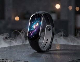 Fototapeta premium Smart fitness tracker showing galaxy wallpaper on screen