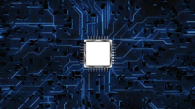 Futuristic computer processor circuitry electronic components. artificial intelligence, computing, chip technology automation, data infrastructure, engineering, servers technology presentations.