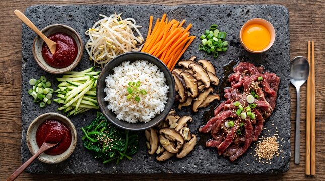 Deconstructed Bibimbap Platter with Rice Beef and Vegetables on Stone Board.