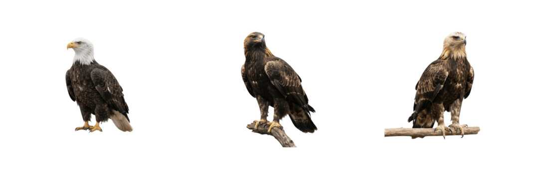 Cute wild eagles collection featuring majestic birds of prey with sharp talons perched on a pure white isolated background for wildlife and nature design projects   