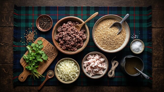 Overhead view of traditional Scottish haggis ingredients on a tartan cloth.
