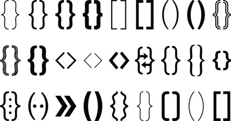 Fototapeta premium Brackets and parentheses vector silhouette icons set featuring curly square angle braces and programming code punctuation symbols 
