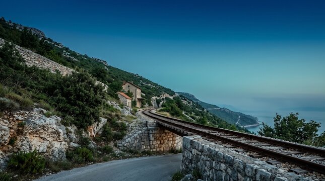 Image Aerial drone view kelp forest image Old railway winding