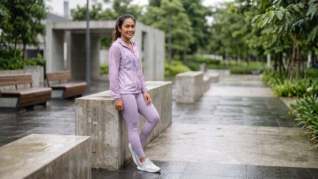 Cheerful female runner leaning against a concrete block in a wet city park. Her positive attitude despite the rain makes it ideal for mental health, wellness, and youth empowerment campaigns.