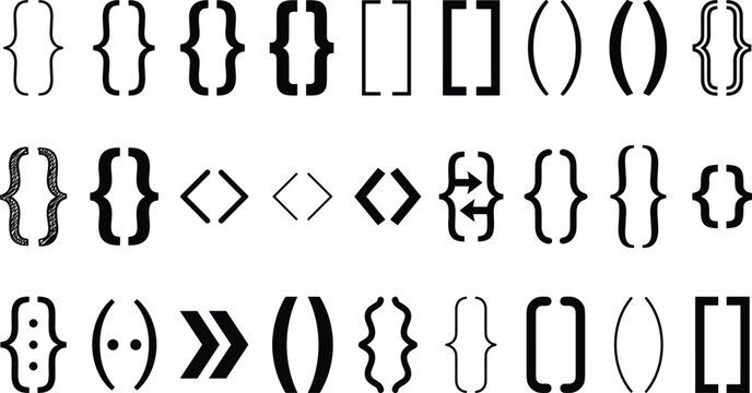 Brackets and parentheses vector silhouette icons set featuring curly square angle braces and programming code punctuation symbols

