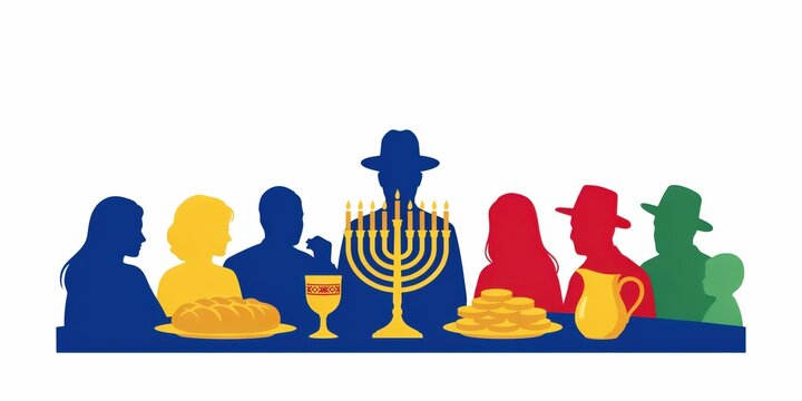 Jewish family gathering celebration vector illustration featuring menorah and festive dinner