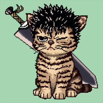 Cute fantasy cat with a sword in retro pixel art style- Vector