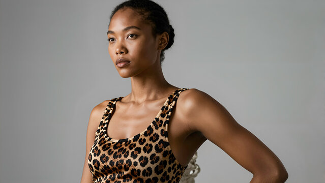 Studio portrait of a confident young Black woman wearing a leopard print tank top against a gray background. Perfect for fashion, modern lifestyle, and editorial concepts.