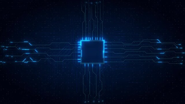 Central digital chip links glowing circuit lines technology processors, AI computing, electronics, automation, data systems, software interfaces, engineering, networks, hardware modern technology