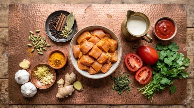 Overhead view of raw chicken and various spices for cooking Indian cuisine.