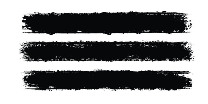 Set of three textured black paint brush stroke rectangles with brush texture black ink rectangular shape effect grunge banner distressed splatter isolated artistic template background