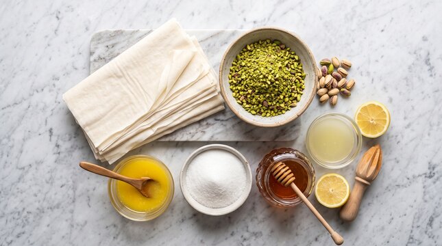 Ingredients for Baklava - Phyllo Dough, Pistachios, Sugar, Honey, Lemon Juice, and Ghee on a Marble Surface.