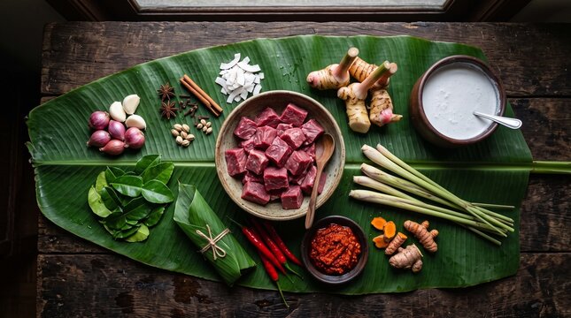 Ingredients for traditional Indonesian beef rendang laid out on a banana leaf.