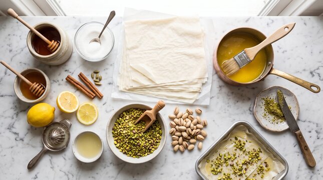Overhead view of baklava ingredients on a marble surface.