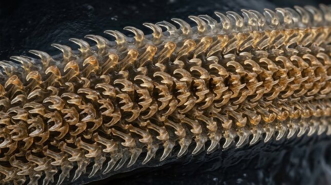 Extreme macro view of a snail radula showing rows of sharp chitinous teeth