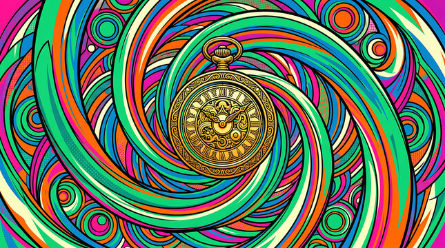Psychedelic Pocket Watch Illustration with Vibrant Spinning Colorful Spiral Background in Retro Pop Art Style