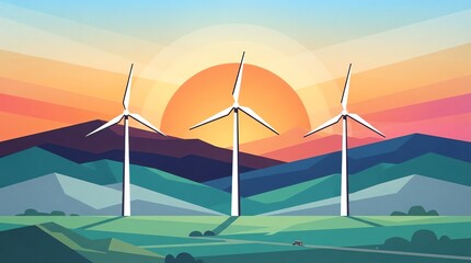 Obraz premium Wind turbines in mountain landscape at sunset