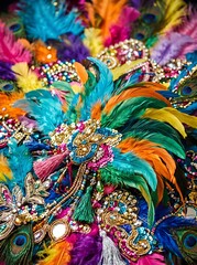 Fototapeta premium A dazzling close-up of an elaborate, vibrant feathered costume adorned with sparkling jewels and intricate beadwork, capturing the spirit of celebration and festivity