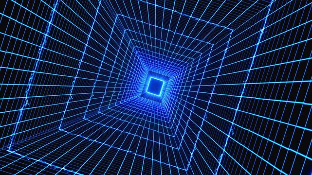 Bright blue geometric grid tunnel stretches square portal background. futuristic technology, virtual worlds, cyber scenes, gaming intros, digital travel, science fiction, metaverse backgrounds.