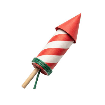 A small firework rocket with red and white striped paper casing and a wooden stick, isolated on a solid black background, for celebration isolated on a transparent background