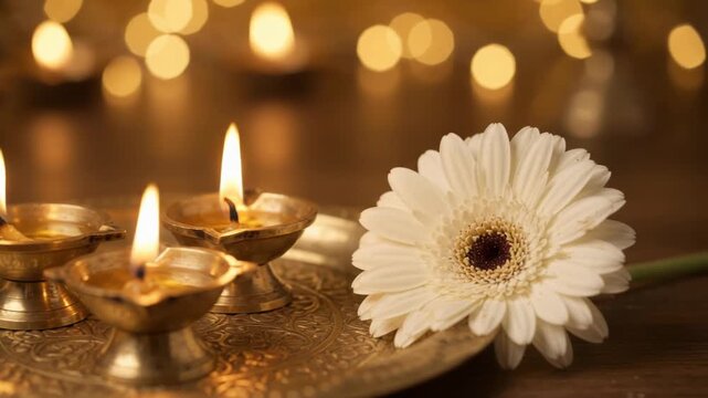 Three brass diya oil lamps with glowing flames on engraved brass puja thali with white gerbera daisy flower, warm golden bokeh lights, peaceful Diwali puja and spiritual ritual concept, close-up